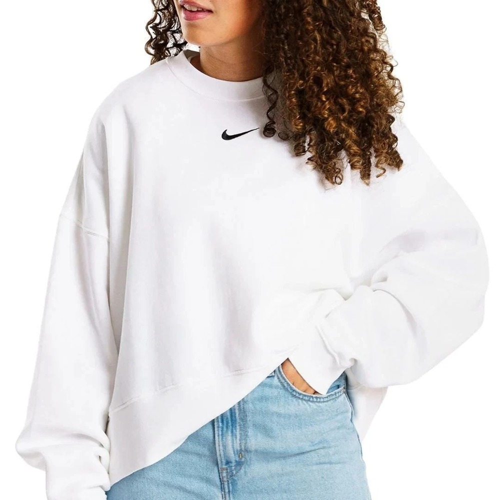 Nike Sweatshirt Womens M White Black Center Swoosh Oversized Box Fit Athleisure